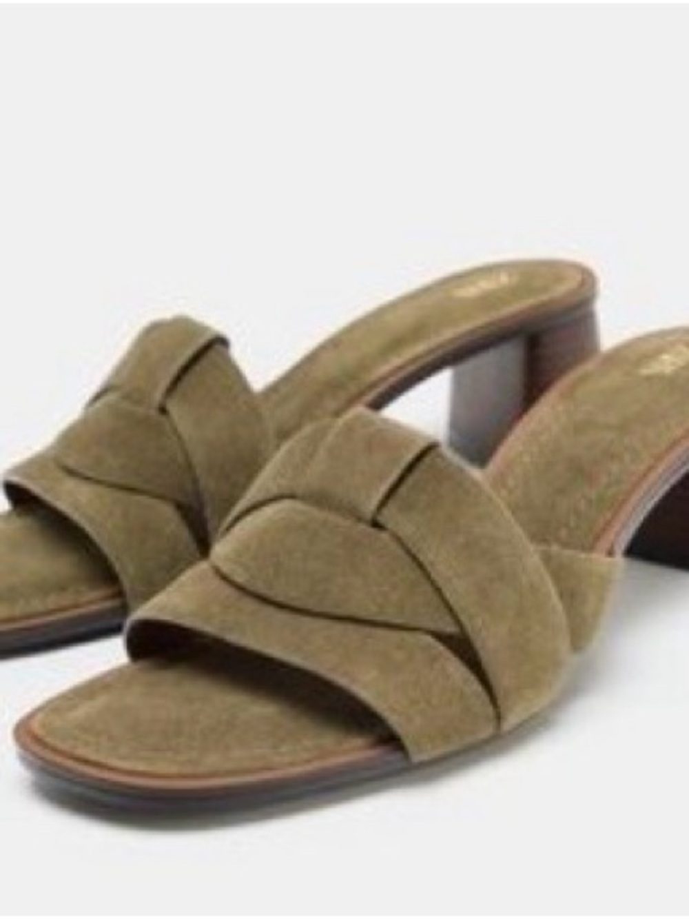 Zara Olive Green Suede Knotted Block Heel Mules